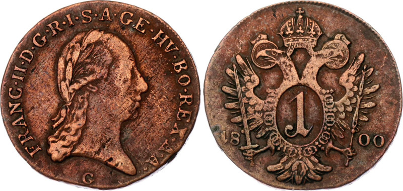 Austria 1 Kreuzer 1800 G

KM# 2111, N# 7075; Copper; Franz II; Frauenbach Mint...