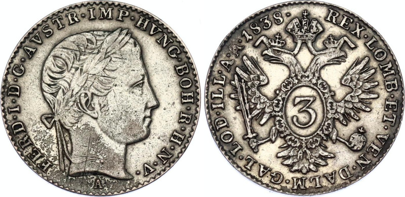 Austria 3 Kreuzer 1838 A

KM# 2191, N# 20701; Silver; Ferdinand I, Mint: Vienn...