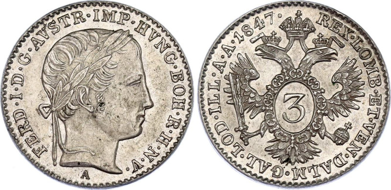 Austria 3 Kreuzer 1847 A

KM# 2191, Adamo# D2, N# 20701; Silver; Ferdinand I, ...