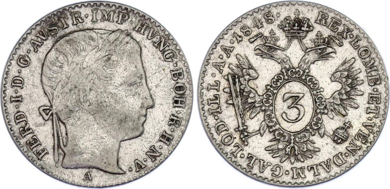 Austria 3 Kreuzer 1848 A

KM# 2191, Adamo# D2, N# 20701; Silver; Ferdinand I, ...