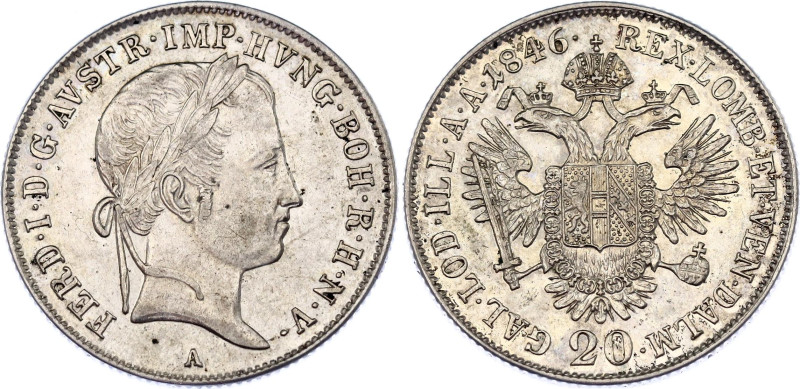 Austria 20 Kreuzer 1846 A

KM# 2208, Adamo# D7, N# 18459; Silver; Ferdinand I,...