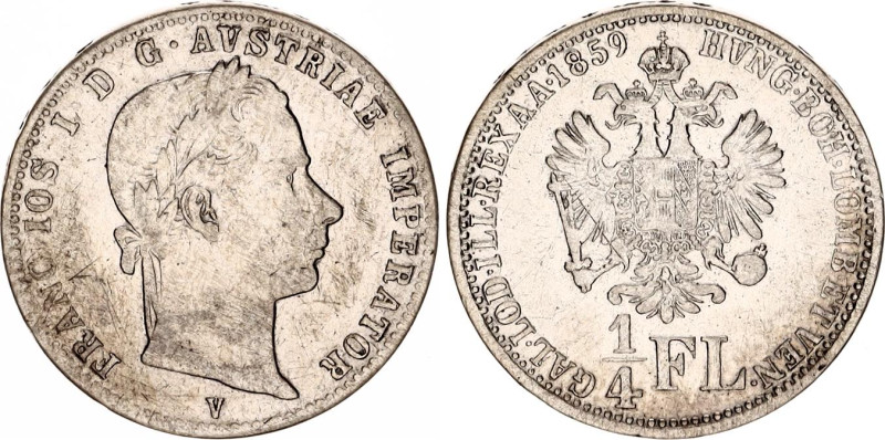 Austria 1/4 Florin 1859 V

KM# 2214, Schön# 123, N# 13806; Silver; Franz Josep...