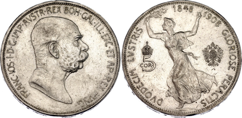 Austria 5 Corona 1908

KM# 2809, N# 12314; Silver; Franz Joseph I; 60th Annive...