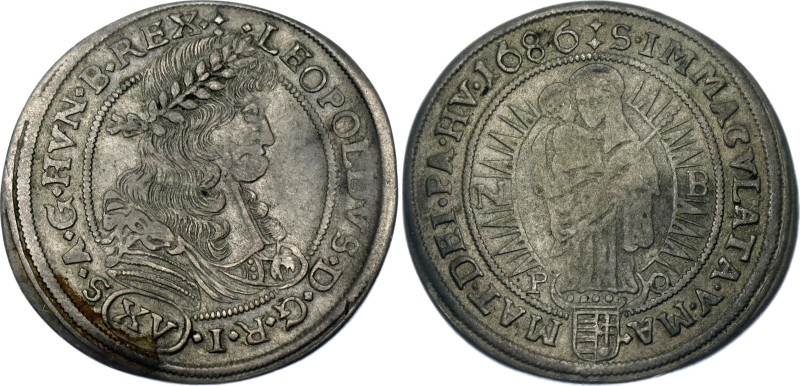 Hungary 15 Krajczar 1686 NB PO

KM# 191; Silver; Leopold I; Nagybanya Mint; XF