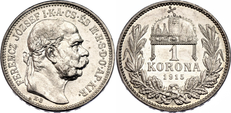 Hungary 1 Korona 1915 KB

KM# 492, N# 12865; Silver; Franz Joseph I; UNC with ...