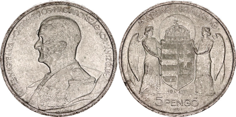 Hungary 5 Pengo 1939 BP

KM# 517, N# 17790; Silver; Miklos Horthy Birthday; UN...