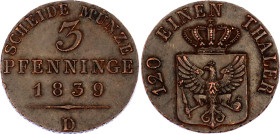 German States Prussia 3 Pfennig 1839 D