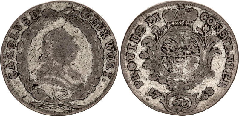 German States Württemberg 20 Kreuzer 1768

KM# 432, N# 135357; Silver; Karl Eu...