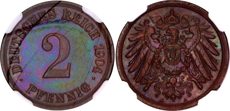 Germany - Empire 2 Pfennig 1904 A NGC MS 63 BN

KM# 16, N# 2557; Copper; Wilhe...