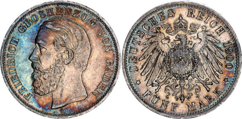 Germany - Empire Baden 5 Mark 1900 G

KM# 268, J. 29, N# 26472; Silver; Friedr...