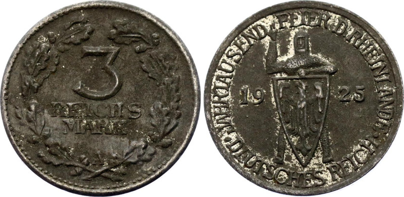 Germany - Weimar Republic Rhineland 3 Reichsmark Spiele Marken 1925 A

KM# 46;...