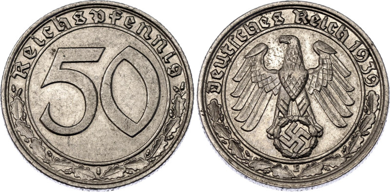 Germany - Third Reich 50 Reichspfennig 1939 E

KM# 95, N# 15869; Nickel; XF/AU...