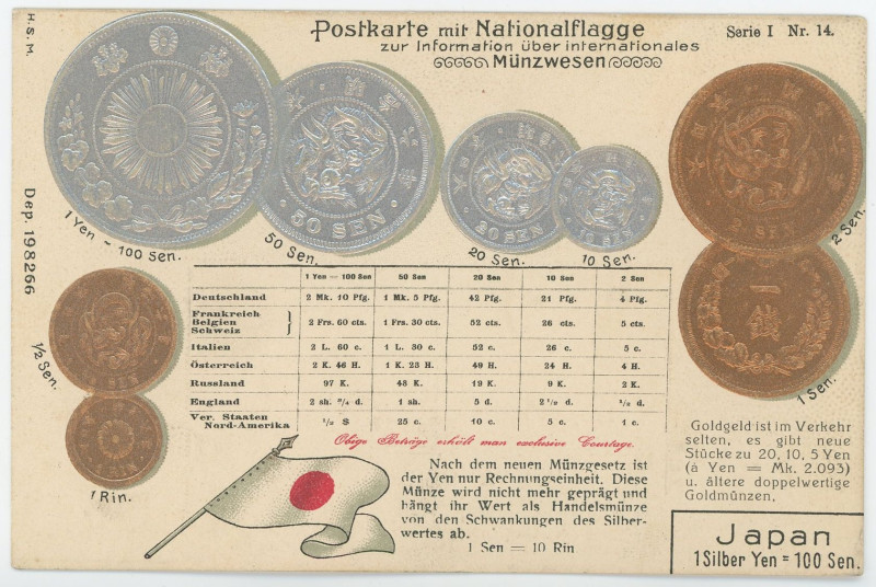 Germany Post Card "Coins of Japan" 1904 - 1912 (ND)

Japan Coinage Postcard; C...