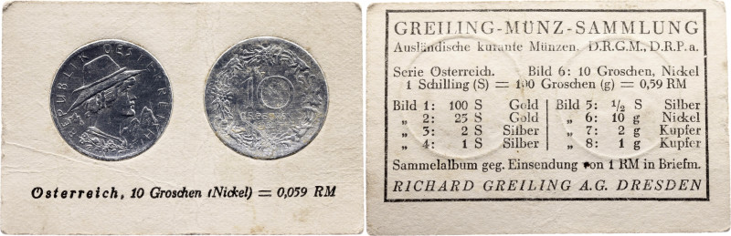 Austria 10 Groschen 1923

KM# 2838, N# 2347; Foil Coin; Rare German Card