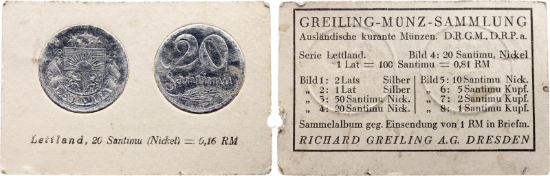 Latvia 20 Santim 1922

KM# 5, N# 4483; Nickel; Foil Coin; Rare German Card