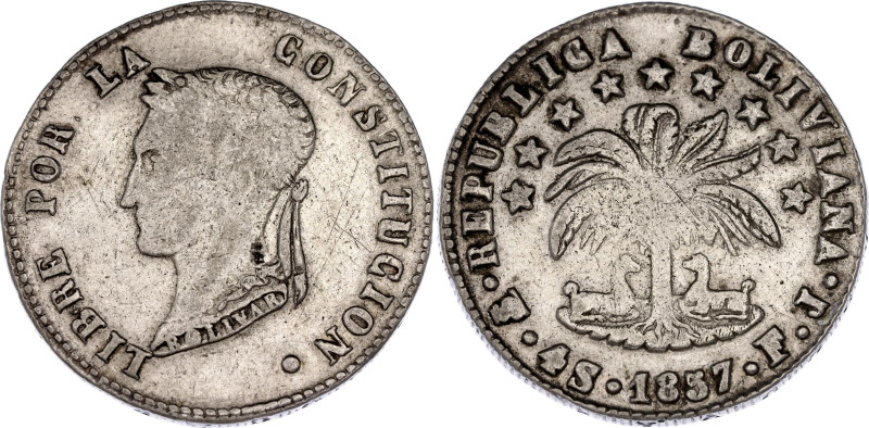 Bolivia 4 Soles 1857 PTS FJ

KM# 123, N# 23934; Silver; VF