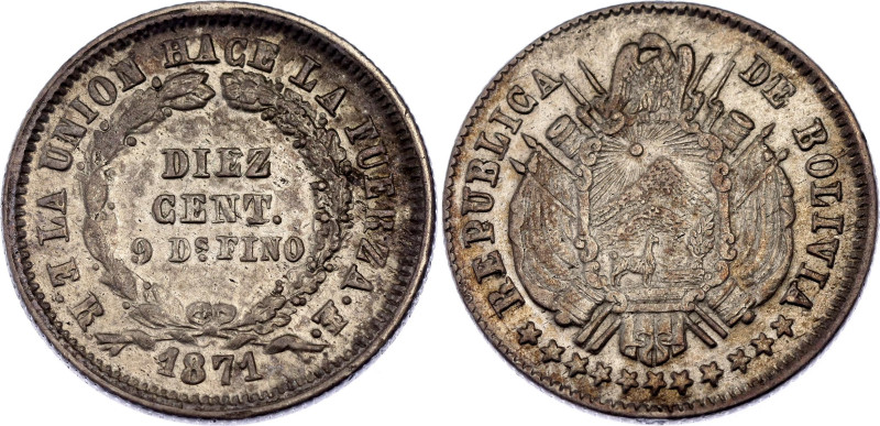 Bolivia 10 Centavos 1871 ER

KM# 153.3, N# 186841; Silver 2.31 g.; AUNC, weak ...