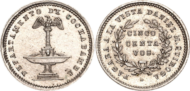 Bolivia Cochabamba Token 5 Centavos 1876 (ND)

Silver; Daniel M. Quiroga.; AUN...