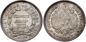 Bolivia 20 Centavos 1886 FE Overstrike