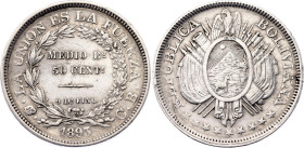 Bolivia 1/2 Boliviano / 50 Centavos 1893 CB Overstrike