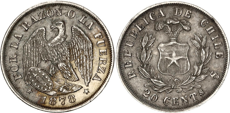 Chile 20 Centavos 1878 So

KM# 138.1, N# 4322; Silver; UNC- Toned