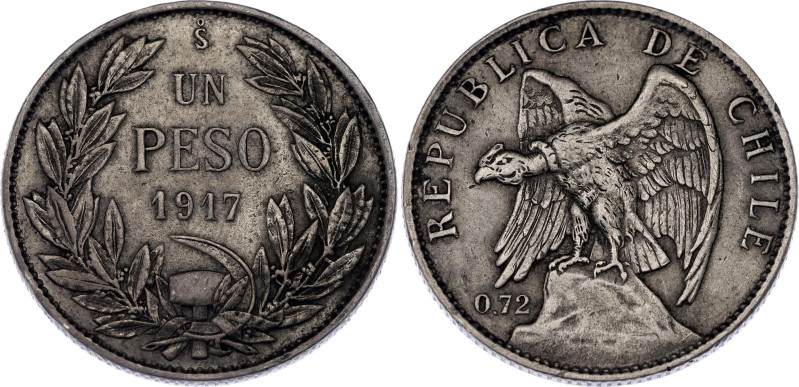 Chile 1 Peso 1917 So

KM# 152.4, N# 22527; Silver; XF/AUNC with nice toning