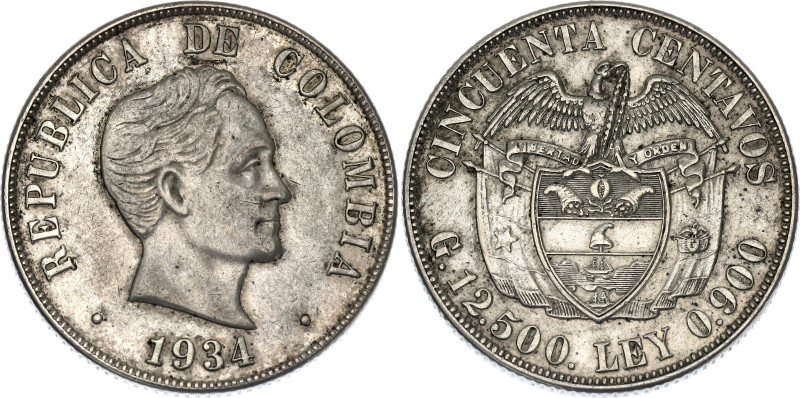 Colombia 50 Centavos 1934

KM# 274, N# 14519; Silver (.900); XF+