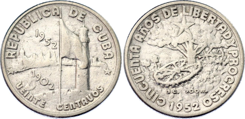 Cuba 20 Centavos 1952

KM# 24, Y# 18, N# 9168; Silver; 50th Anniversary of the...