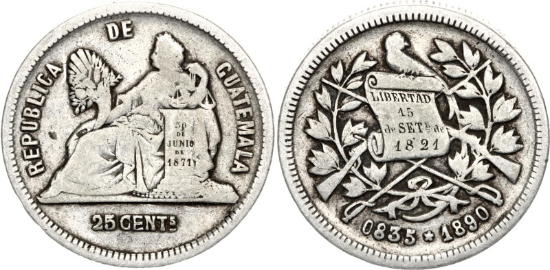 Guatemala 25 Centavos 1890

KM# 205.2, N# 8771; Silver; VF