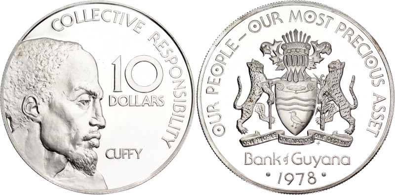 Guyana 10 Dollars 1978

KM# 44a, N# 28313; Silver 43.23 g., Proof; 10th Annive...