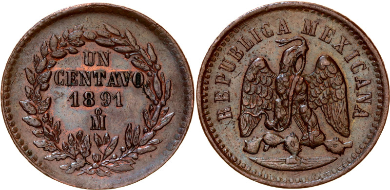 Mexico 1 Centavo 1891 Mo

KM# 391.6, N# 4224; Copper; XF