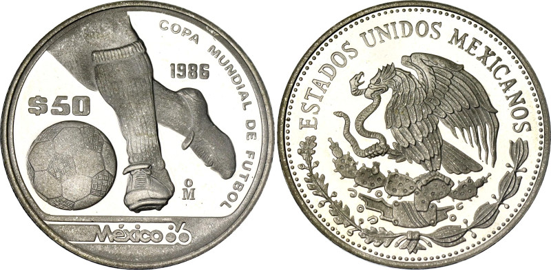 Mexico 50 Pesos 1986 Mo

KM# 498a, N# 18818; Silver., Proof; FIFA World Cup 19...