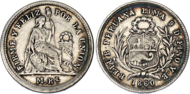 Peru 1/2 Sol 1860 YB Overstrike

KM# 180, N# 28345; Silver; XF with toning