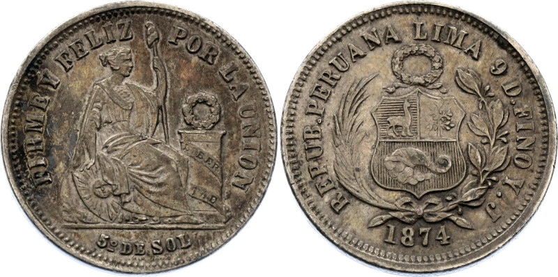 Peru 1/5 Sol 1874 YJ

KM# 191, N# 13841; Silver; UNC with beautifull toning