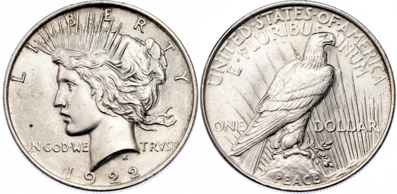 United States 1 Dollar 1922

KM# 150, N# 5580; Silver; "Peace Dollar"; AUNC wi...