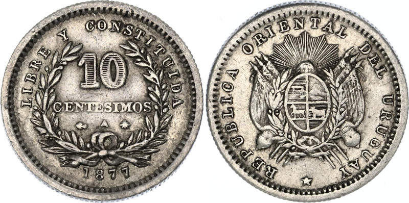 Uruguay 10 Centesimos 1877 A

KM# 14, N# 8589; Silver; XF