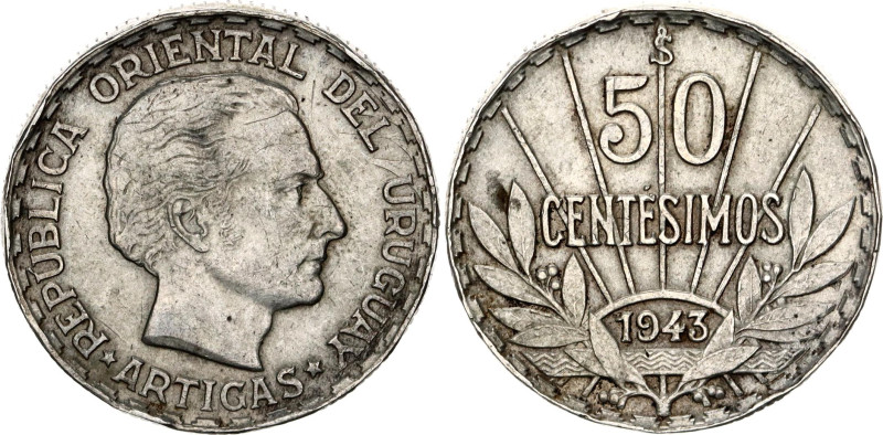 Uruguay 50 Centésimos 1943 So

KM# 31, N# 3784; Silver; Santiago Mint; AUNC