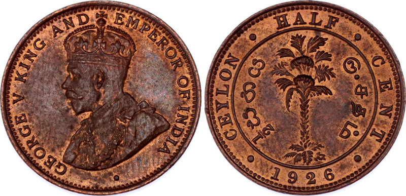 Ceylon 1/2 Cent 1926

KM# 106, N# 12114; Copper; George V; UNC with red mint l...