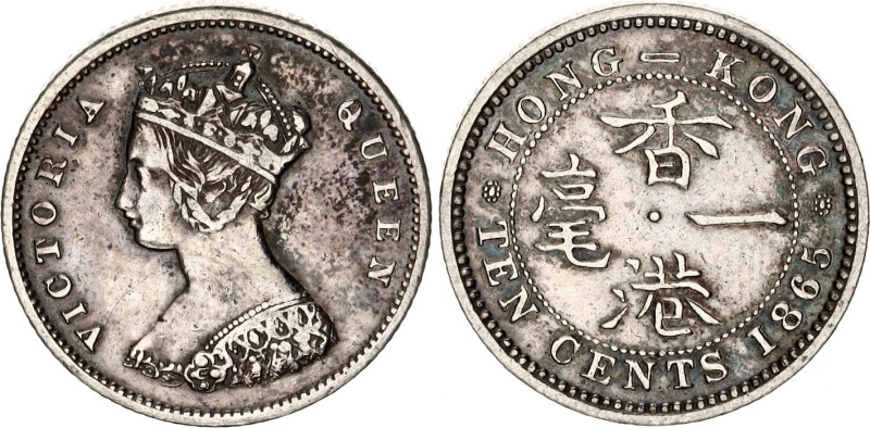 Hong Kong 10 Cents 1865

KM# 6, N# 7325; Silver; Victoria; XF with minor hairl...