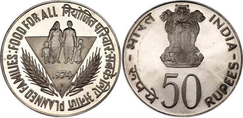 India 50 Rupees 1974 B

KM# 255, N# 27598; Silver., Proof; FAO - Planned Famil...