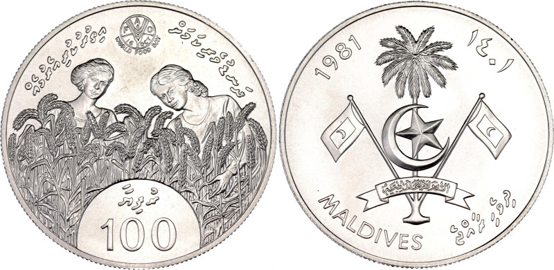 Maldives 100 Rufiyaa 1981 AH 1401

KM# 64, N# 64266; Silver; World Food Day; M...