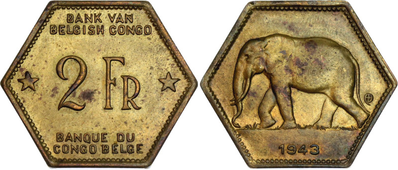 Belgian Congo 2 Francs 1943

KM# 25, LA# BCM-16, N# 7011; Brass; Léopold III; ...