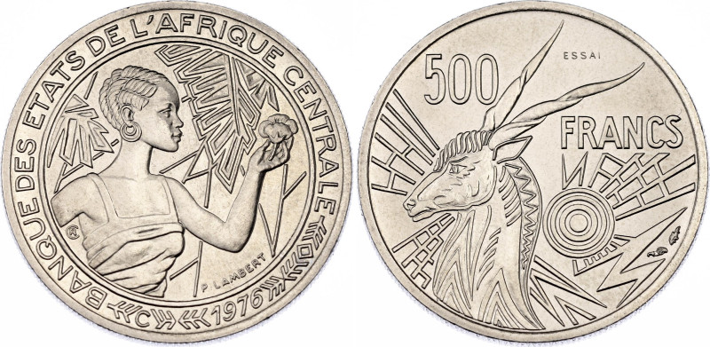 Central African States 500 Francs 1976 Essai

KM# E9; Nickel; KM# 12; UNC