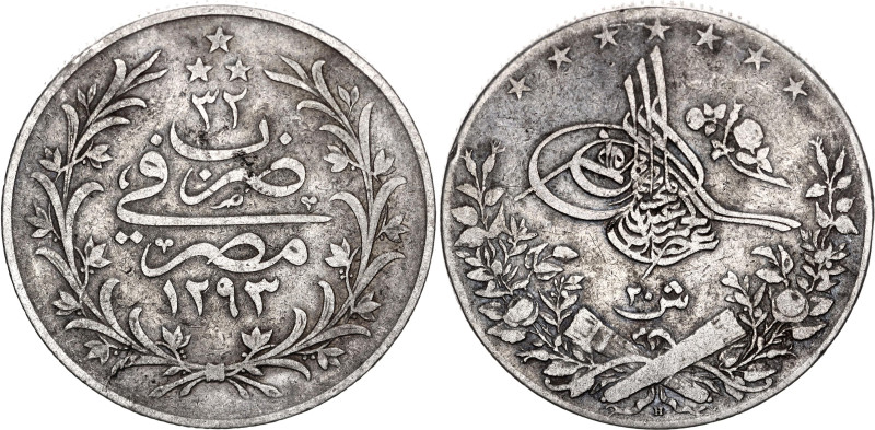 Egypt 20 Qirsh 1906 AH 1293//32 H

KM# 296, N# 28412; Silver; Abdul Hamid II; ...