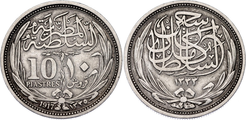 Egypt 10 Piastres 1917 AH 1335

KM# 319, N# 6040; Silver; Hussein Kamel; Occup...