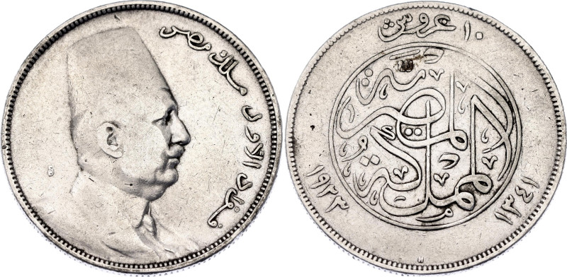 Egypt 10 Qirsh 1923 AH 1341

KM# 337, N# 25074; Silver; Ahmed Fuad I; VG
