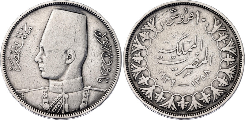 Egypt 10 Qirsh 1937 AH 1358

KM# 367, N# 10614; Silver; Farouk I; VG