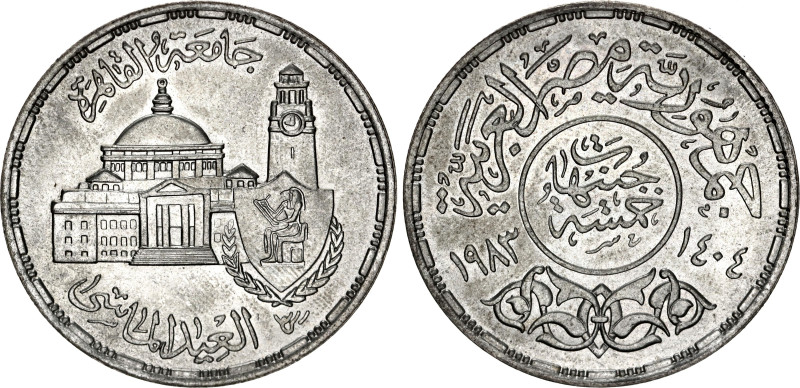Egypt 5 Pounds 1983 AH 1404

KM# 552, N# 61265; Silver; 75th Anniversary of Ca...