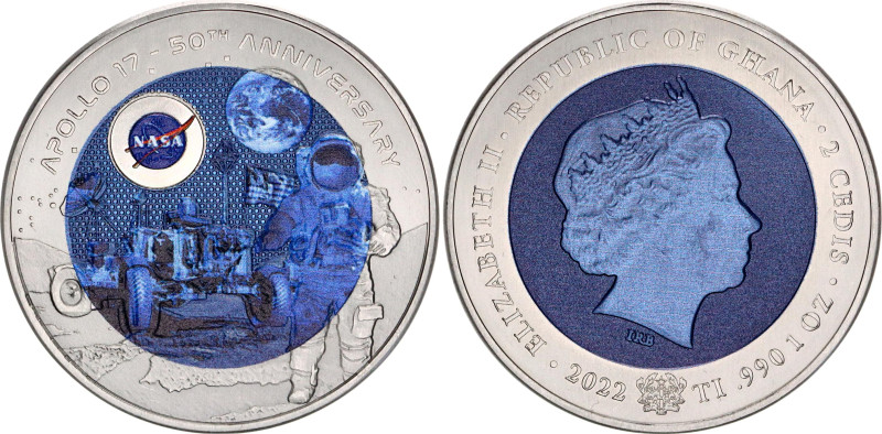 Ghana 2 Cedis 2022

Titanium (.990) 32.5 g., 40 mm.; 50 Years of Apollo 17; Mi...