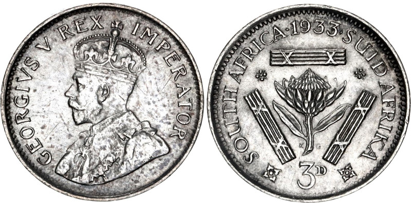 South Africa 3 Pence 1933

KM# 15.2, N# 6415; Silver; George V; UNC with minor...